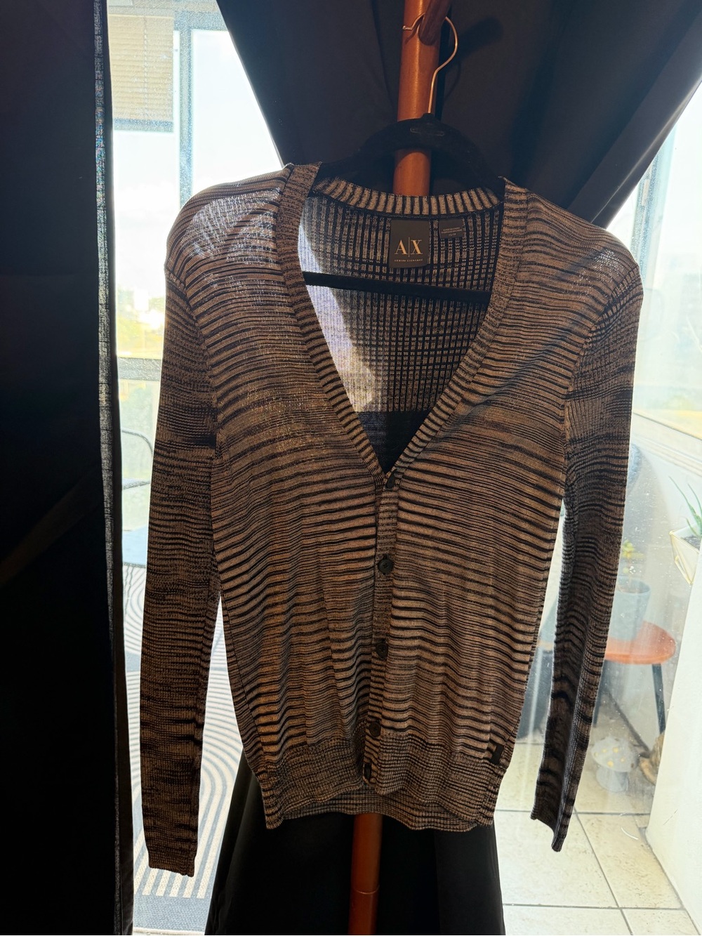 Armani Exchange unisex Black and Gray Striped V-Neck Cardigan size ca